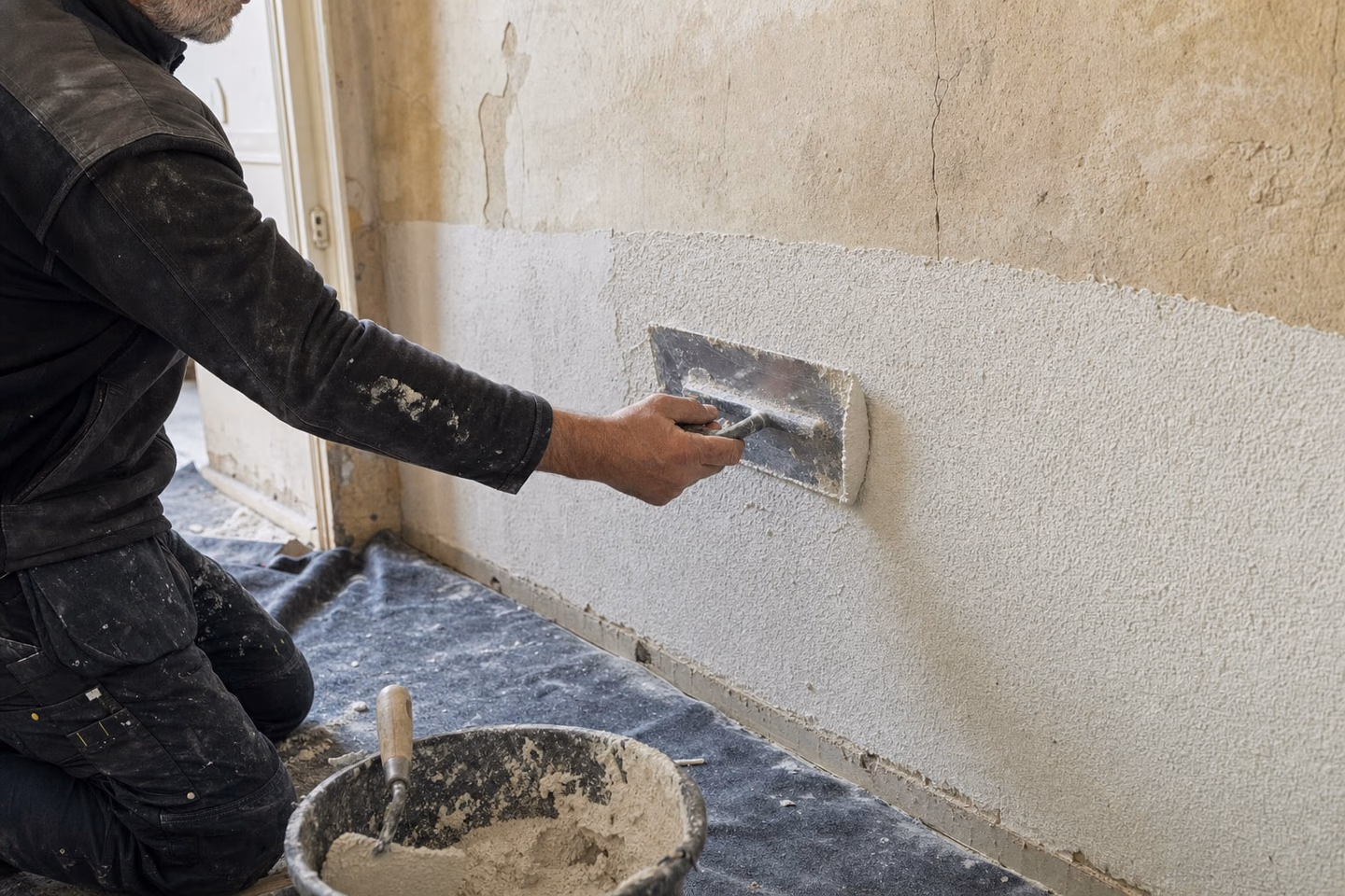 Nanášení minerální sanační omítky na připravenou zeď