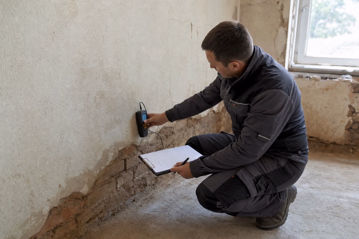 Technik měří vlhkost ve spodní části poškozené zdi